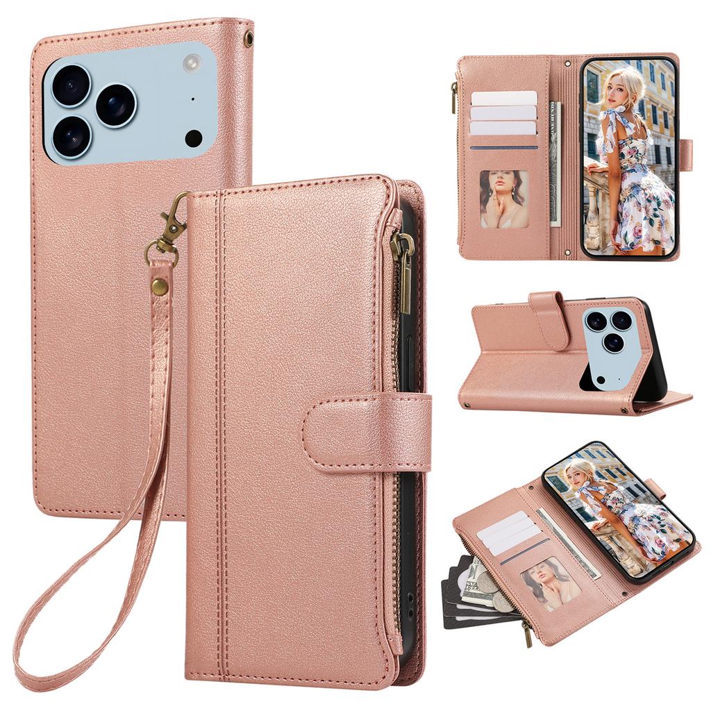 For iPhone 17 Pro Max Case Multi Card Slots Zipper Leather Phone Cover with Wrist Strap