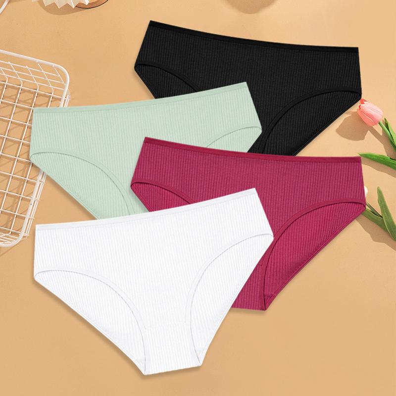 4Pcs Women's Cotton Ribbed Briefs Solid Breathable Elastic Underwear Sexy Simple Comfortable Panties Girls Soft Basics Lingerie