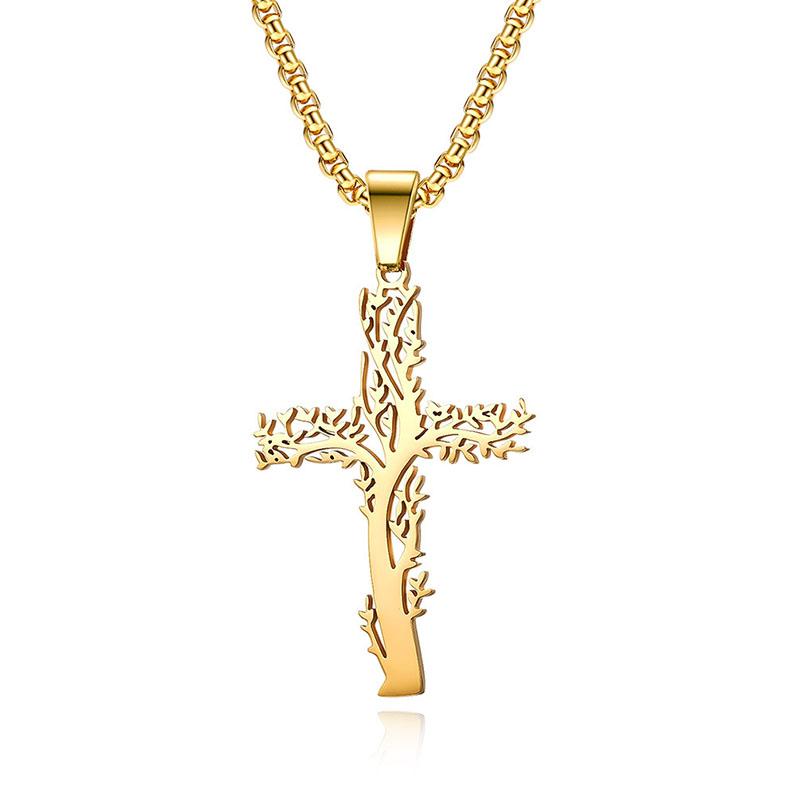 Tree of Life Cross Necklace Stainless Steel Crucifix Pendant for Men Women Punk Jewelry