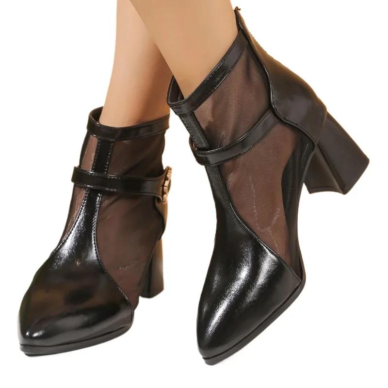 Модная женская обувь 2025 Горячая распродажа Женские ботинки на молнии сзади Модные хрустальные современные ботинки Женские сексуальные ботильоны-сандалии из сетки с острым носком