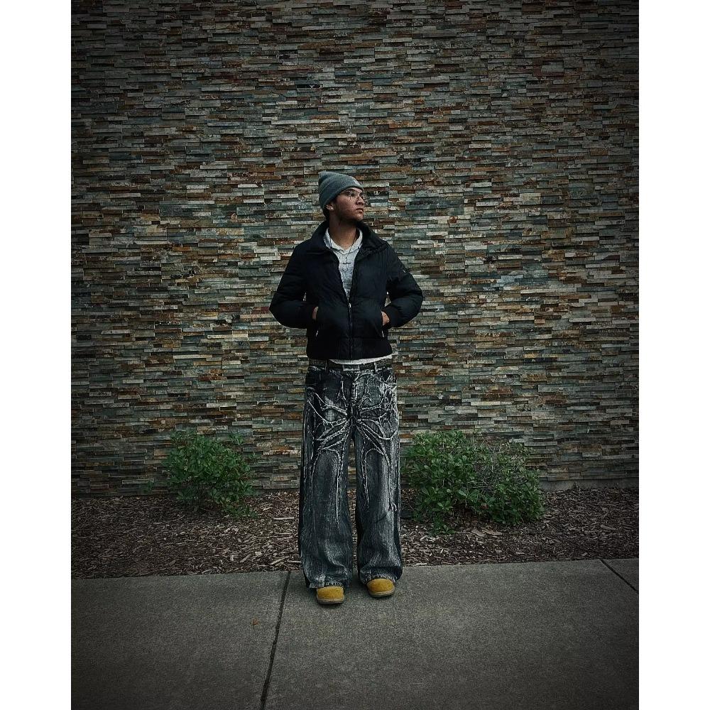 Джинсы Y2K Phantom с вышитой нашивкой в виде паука на улице, хип-хоп, готические, ретро, свободные, мешковатые, унисекс, для уборки