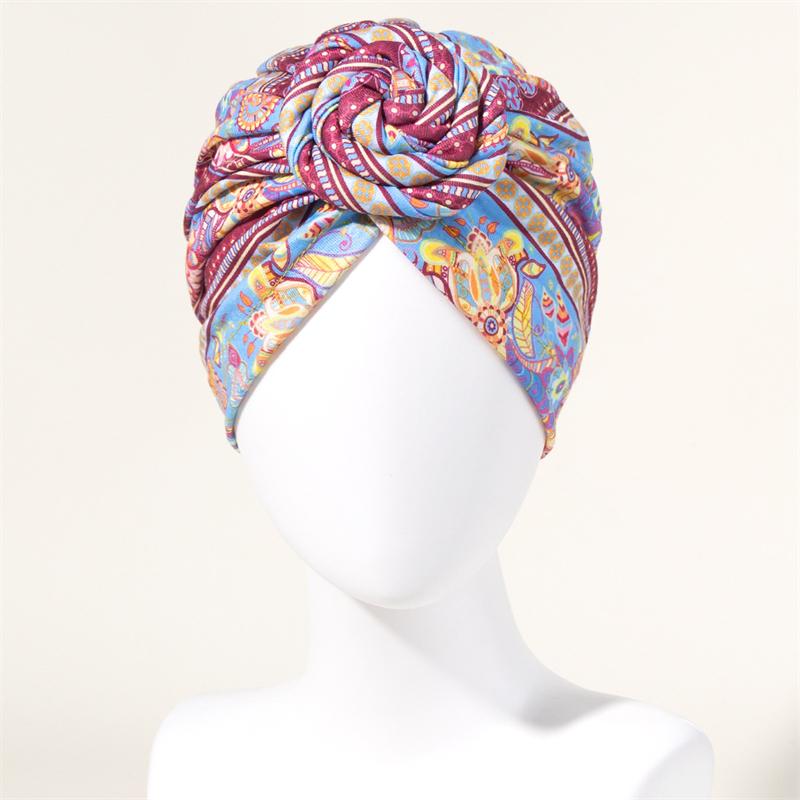 New African Print Pleated Turban Floral Beanie Pre Tied Front Knot Elastic Head Wrap Elegant Women Chemo Cap Bandana Headwear
