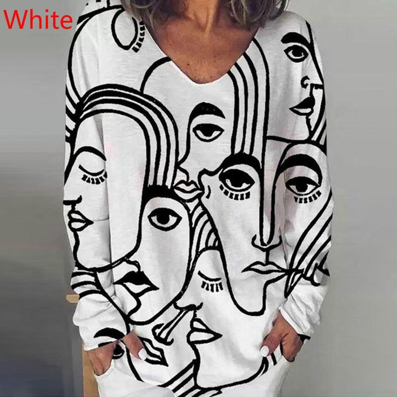 Новая Женская Мода Тренд Одежда Свободная Повседневная С Длинным Рукавом Футболка с V-образным вырезом и Принтом Персонажа и Блузки Больших Размеров Топы