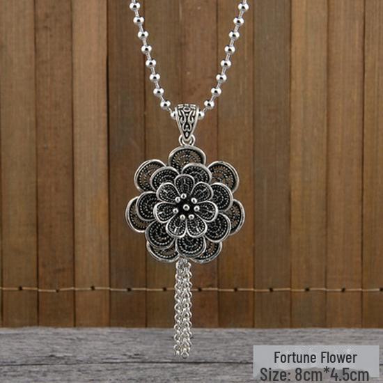 Retro Silver Peace Lock Pendant Necklace - Four-sided Wealth Women's Long Sweater Chain In National Style