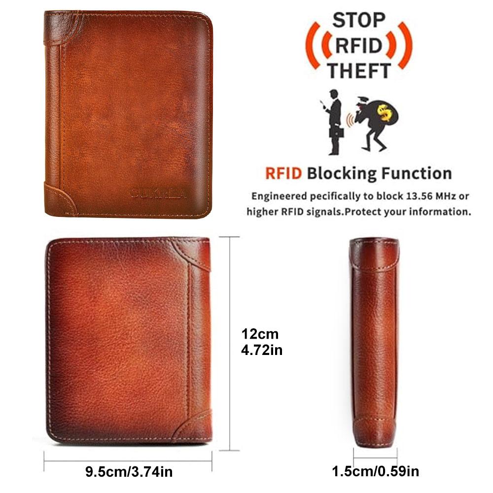 Мужской винтажный кошелек из коровьей кожи, защита RFID, короткий многофункциональный держатель для ID-карт и кредитных карт, верхний слой коровьей кожи, кошелек для денег, 2 окошка для ID-карт