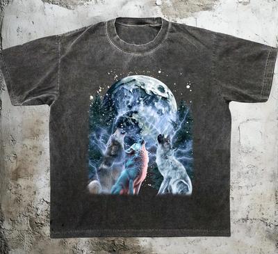 Three Howling Wolves Vintage 90s Graphic Shirt, Wild Nature Wolf Howling Moon Y2k Gothic