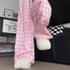 Women's Pink Plaid Straight-Leg Pants, Loose Slimming Fit, Casual Wide-Leg, Floor-Length, Spring/Autumn 2025.