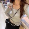 Gray Bottoming Shirt Women's Autumn and Winter New Square Neck Long-sleeved Knitted Low-neck Sweater with Slim-fitting Early Autumn Top