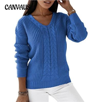 Осенне-зимний женский свитер больших размеров с длинным рукавом и V-образным вырезом, однотонный повседневный трикотажный пуловер с переплетенными нитями