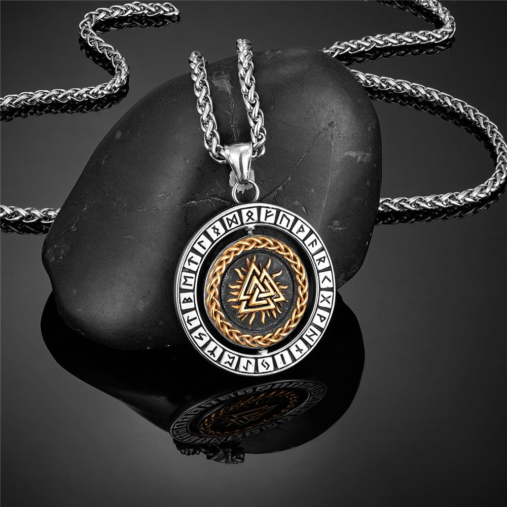 Вращение викингов руны компас ожерелья мужские скандинавские треугольники валькнут вегвизир амулет кулон из нержавеющей стали скандинавские украшения