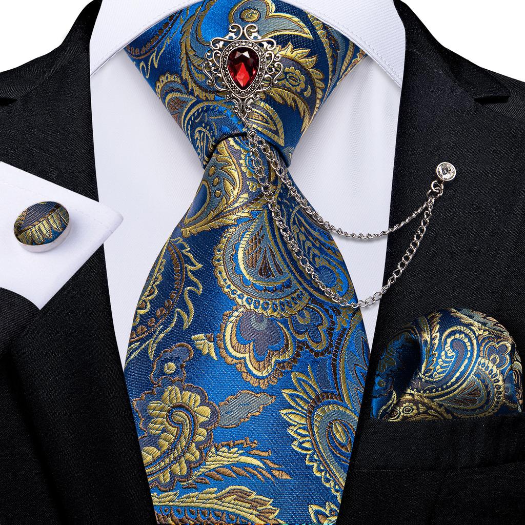 Paisley Tie for Men Necktie Silk Hanky Cufflink Set with Tie Ring Chain Brooch for Wedding Party