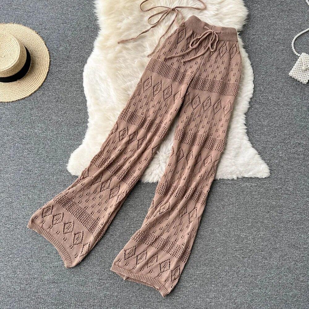 Women Summer Knitted Set Halter Short Tops+ Hollow Wide Leg Long Pants Sets Shell Beach Sexy Backless Two Piece Suits
