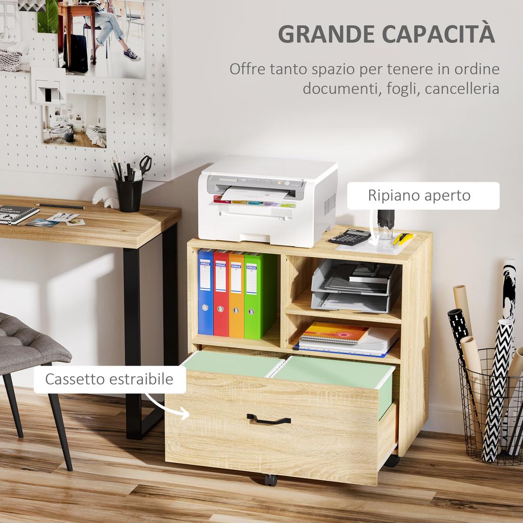 Multi-purpose Office Furniture in Wood, Chest of Drawers with Wheels Printer Holder with 5 Wheels, Drawer and Adjustable Shelf, 77x40x73cm, Wood