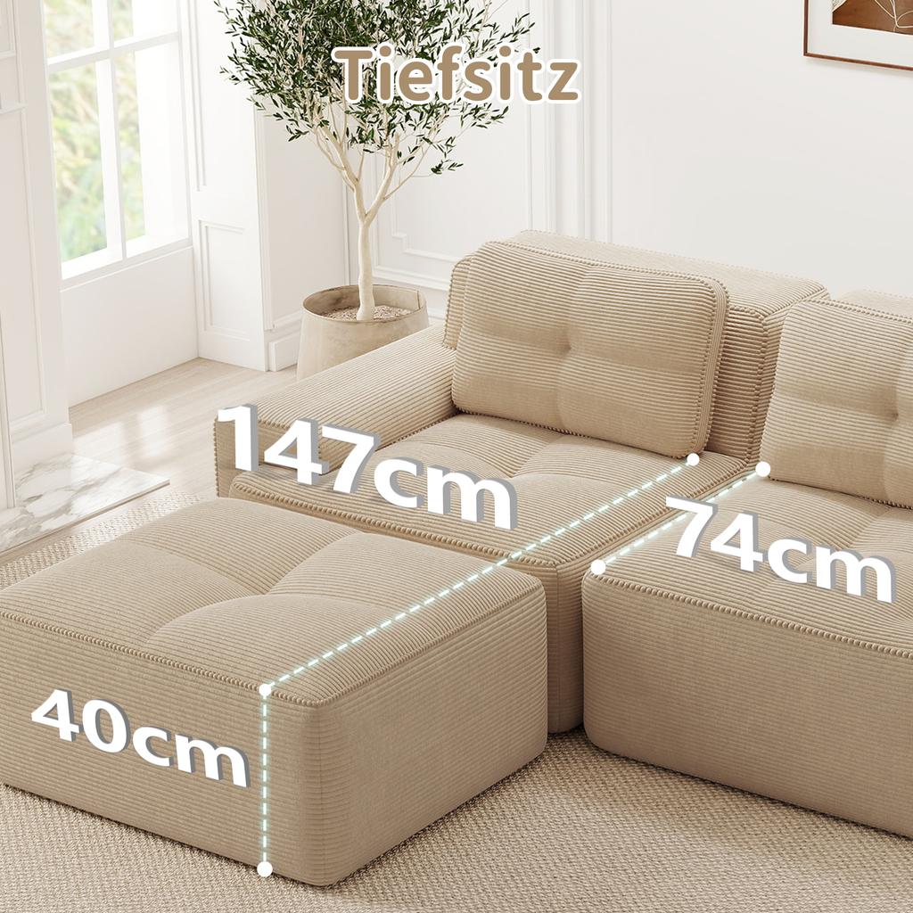 Boneless Modular Sofa, Modern L-Shaped for Living Room with Deep Seat, Comfortable Corduroy Cloud Sofa with Ottoman, Tufted Two-Seater Sofa Bed, Beige