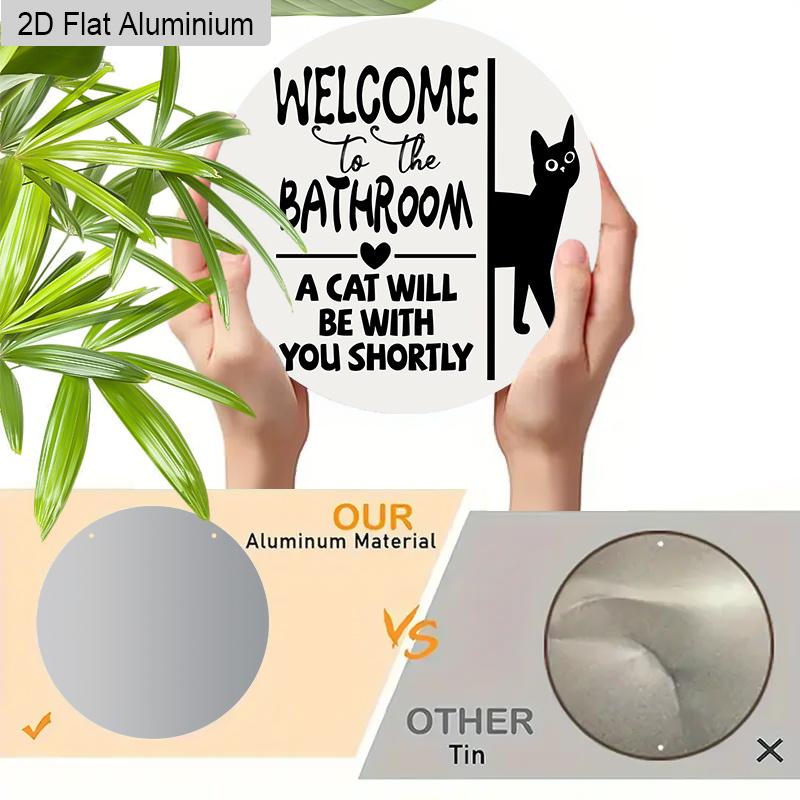 2D Flat Aluminium Bathroom Welcome Sign with Black Cat Pattern - Funny Decorative Sign & Plaque - Ideal for Bathroom Wall Decoration - Home Hanging