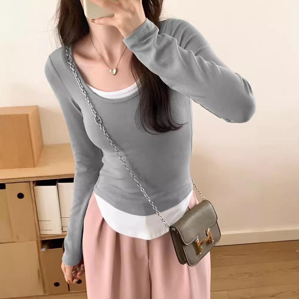 Длинный рукав Женская холодная базовая теплая рубашка Осенняя ложная футболка из двух частей Цветная блокирующая нижняя рубашка Женская тонкая круглая горловина Топы для улицы