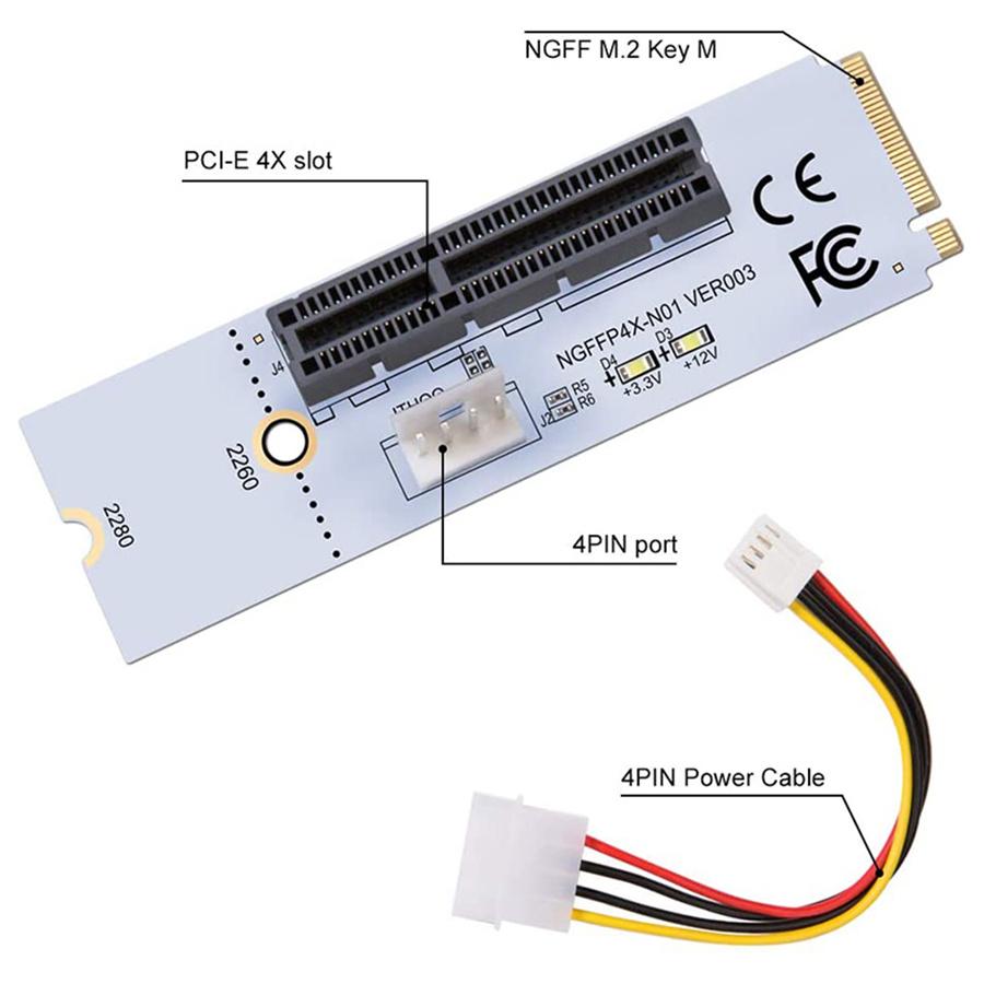 M.2 Key M NGFF To PCI-E 4X Adapter Card, 4 PIN Power Cable (2 Pack)