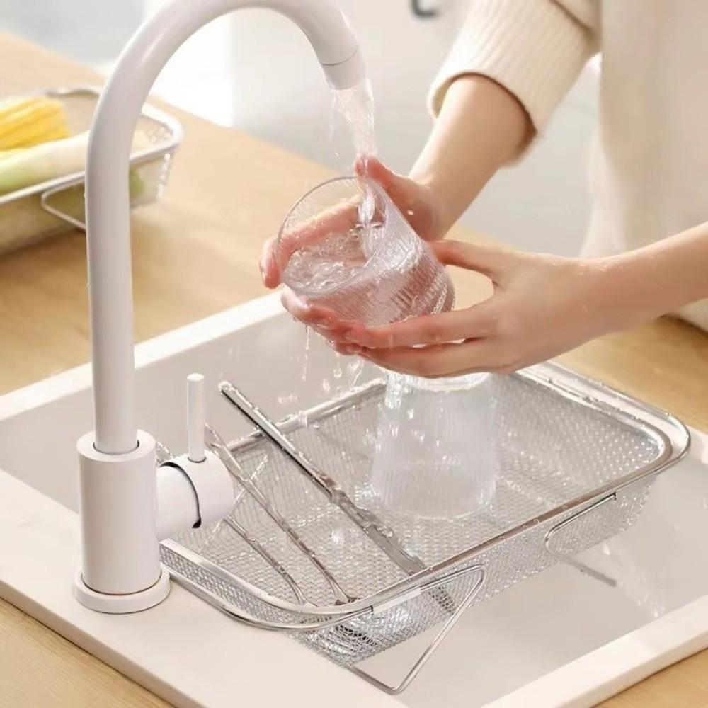 Stainless Steel Sink Drain Basket Retractable Vegetable Tableware Holder Tableware Drying