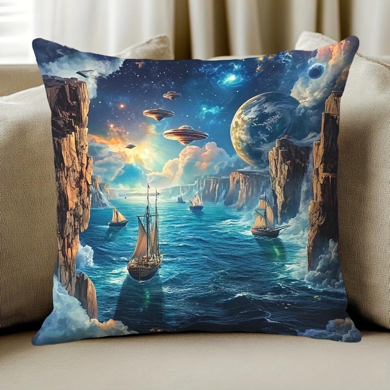 1Pc Starry Night & Ufo Scene Pillowcase Polyester Fiber Machine Washable Printed Decorative Pillowcase Home Decor Car Sofa Bedro