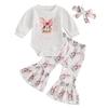Baby Girl Easter Outfits Letter Rabbit Print Long Sleeve Romper Flare Pants Headband 3Pcs Clothes Set