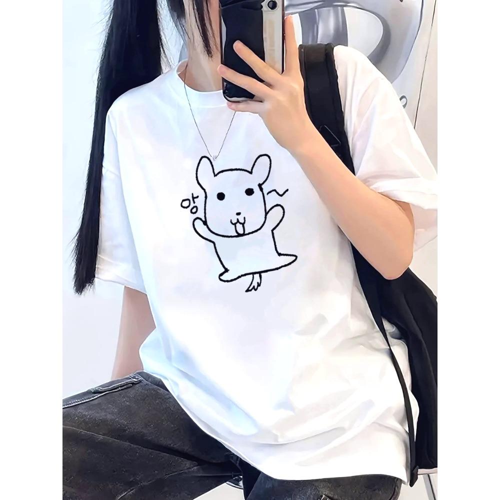 Cute Puppy Dog Print Cartoon Illustration Graphic Print White Kawaii Aesthetic Soft Girl Y2K Vintage Streetwear Unisex Cotton Short Sleeve Crew Neck