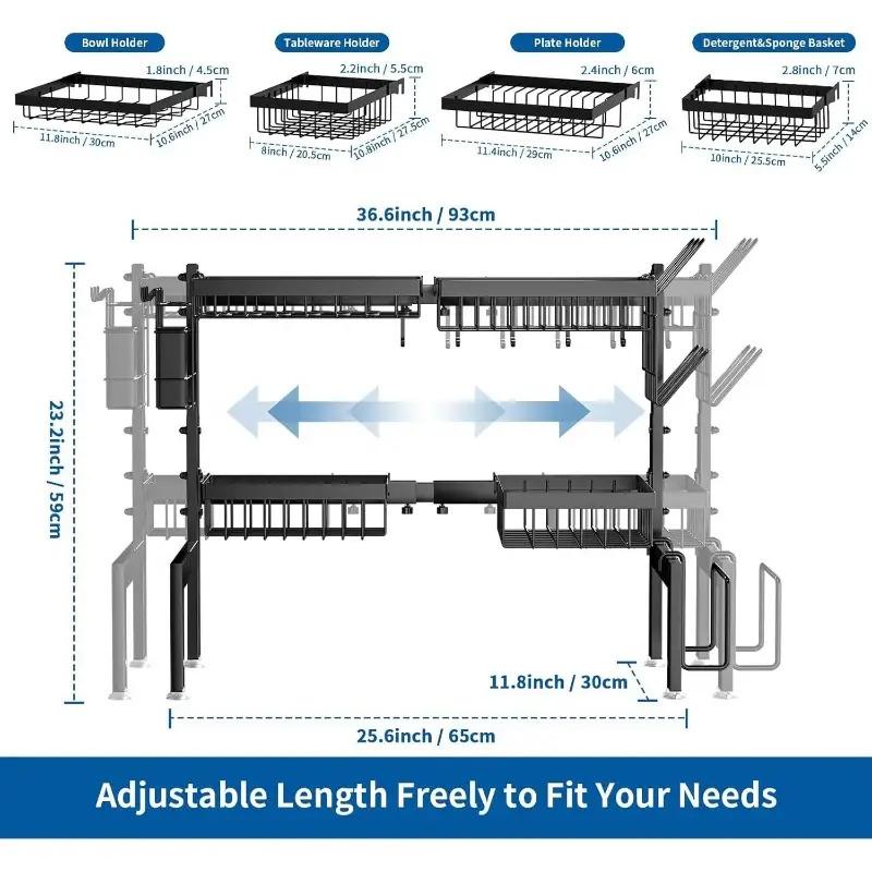 Expandable over-sink dish drying rack, heavy-duty stainless steel 2-tier drainer with utensil holder, 25.6–36.6in adjustable