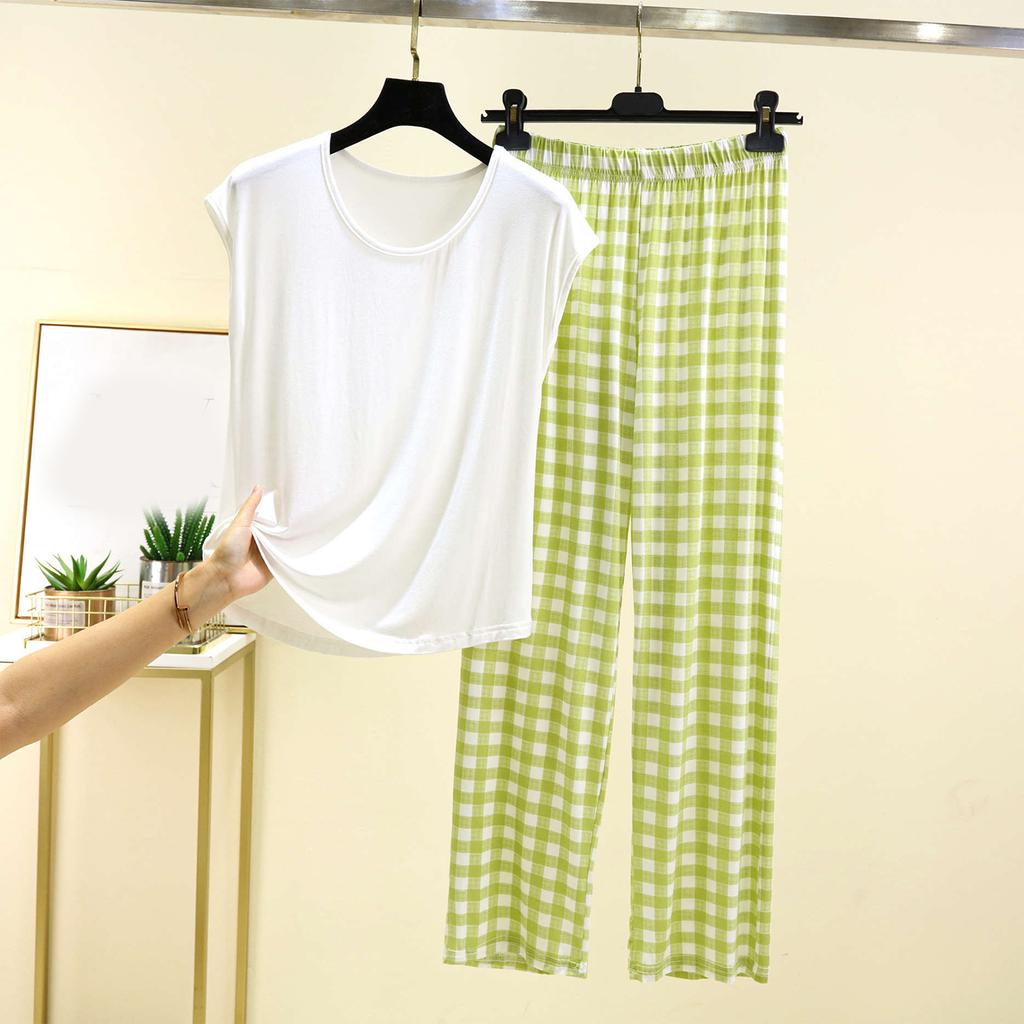 Женский повседневный и удобный топ с круглым вырезом однотонной расцветки и брюки с клетчатым принтом большого размера
