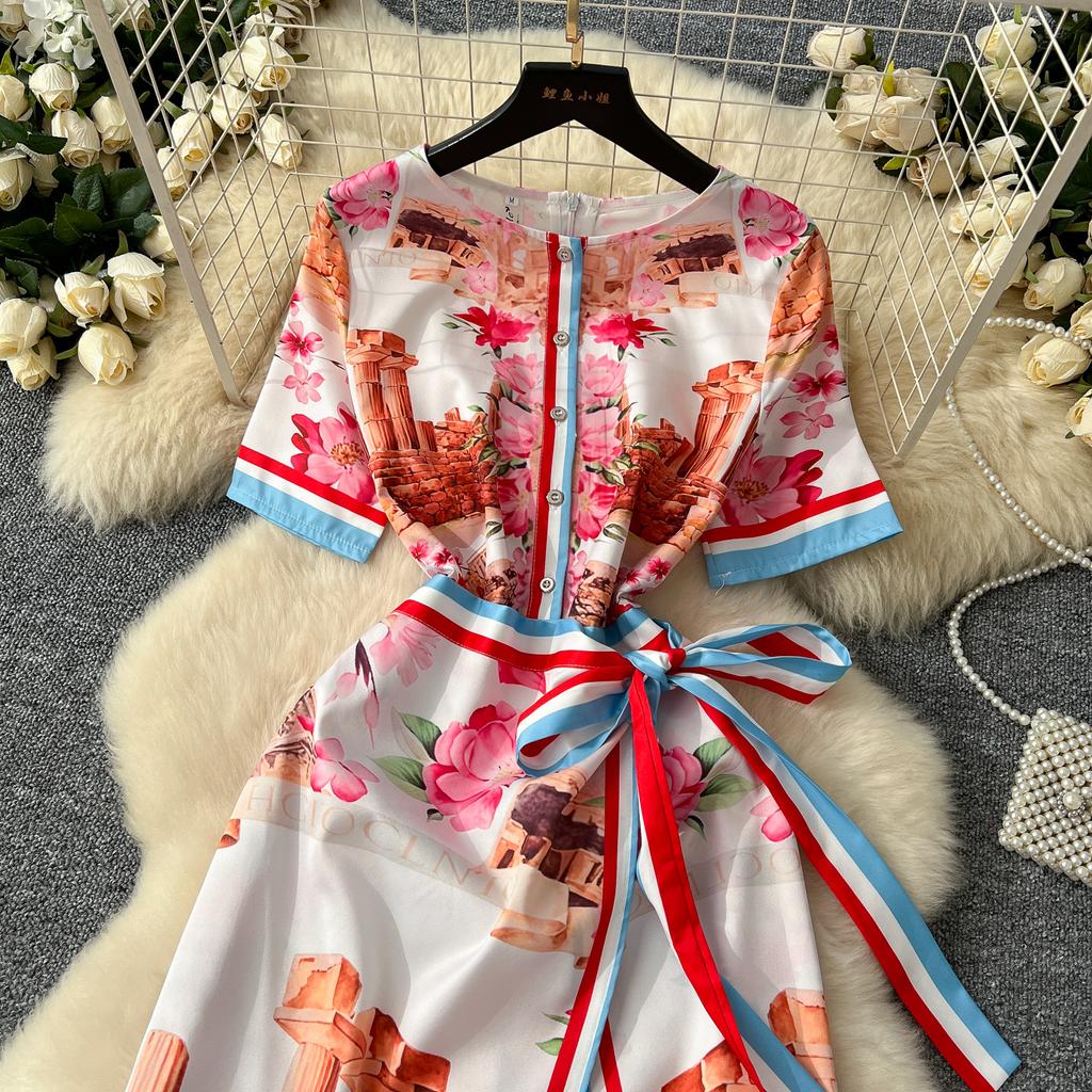 Летние женские дизайнерские винтажные принты на подиуме платья с коротким рукавом и шнуровкой, облегающие платья-карандаши для вечеринок