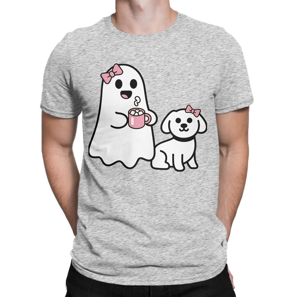 Funny Ghost Walking Dog Funny 100 Cotton Tshirt Ghost Coffee Golden Doodle Dog Halloween Tops Tees For Unisex