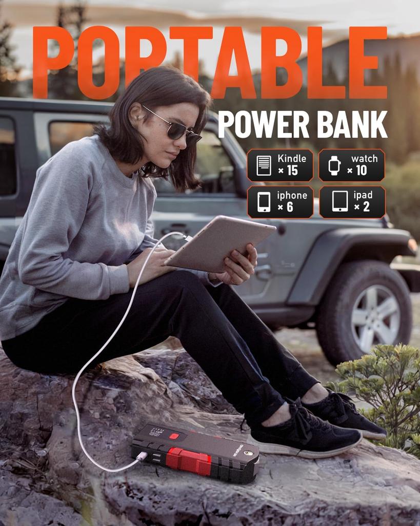 Пусковое устройство для автомобильного аккумулятора 6000 А, Портативный блок питания для бензиновых двигателей до 8,5 л / дизельных двигателей до 8 л, 4-режимный светодиодный фонарь, USB-порты, Компас, Красный