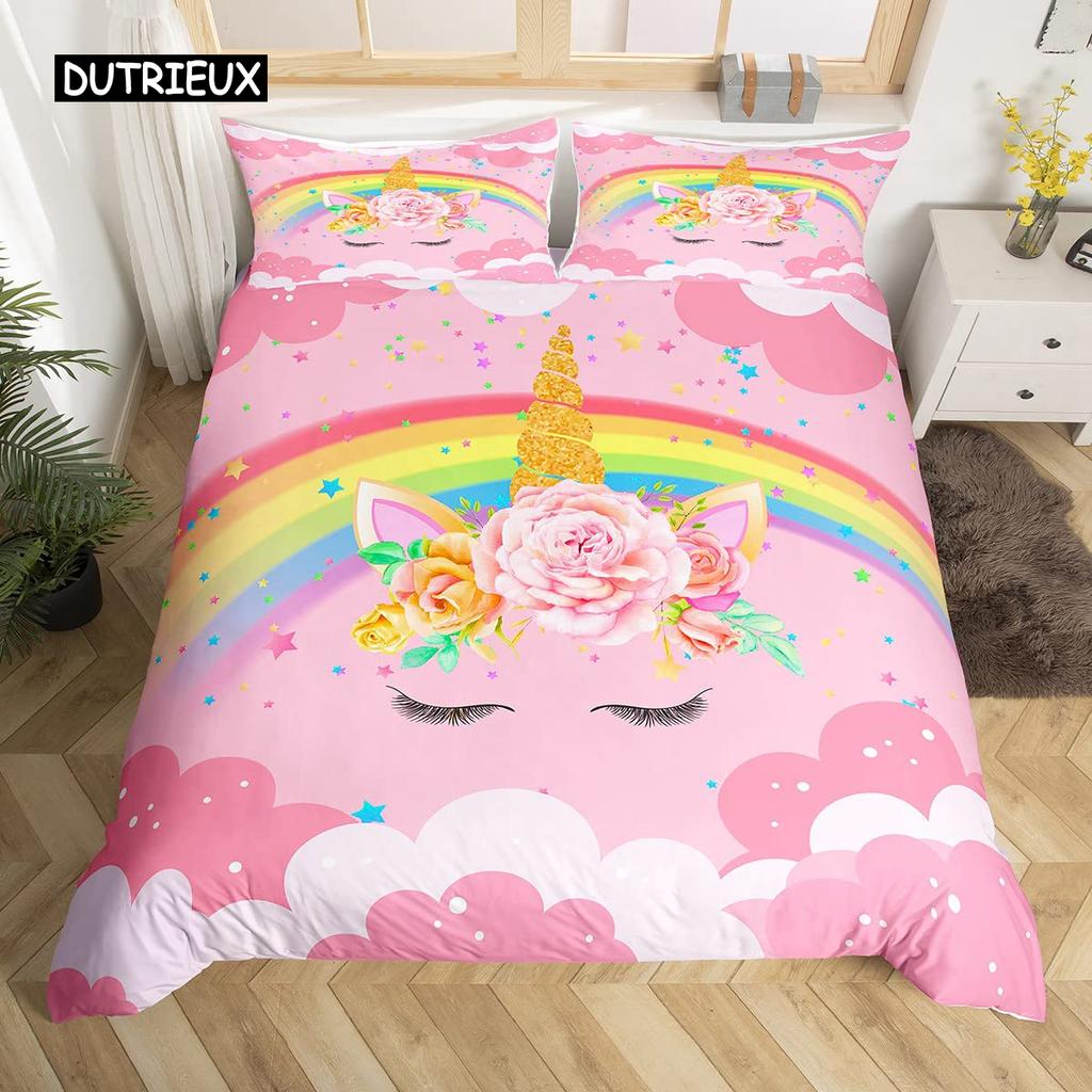 Girls Cute Unicorn Duvet Cover Set Cartoon Animal Bedding Set Microfiber Floral Star Quilt Cover Twin King For Kids Teens Room