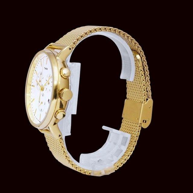 Б/У [Батарея заменена] Кварцевые часы TIMEX Fairfield Chrono 42 мм Металлический сетчатый ремешок Золотой тон
