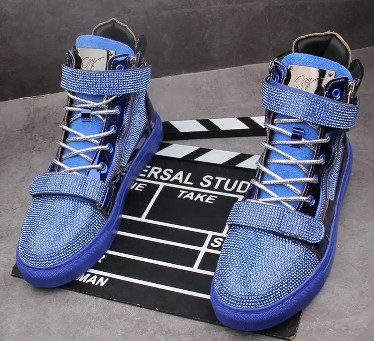 Модные новые дизайнерские мужские блестящие стразы высокие кроссовки повседневные туфли на плоской подошве скейтборд кроссовки на толстой подошве мужская обувь