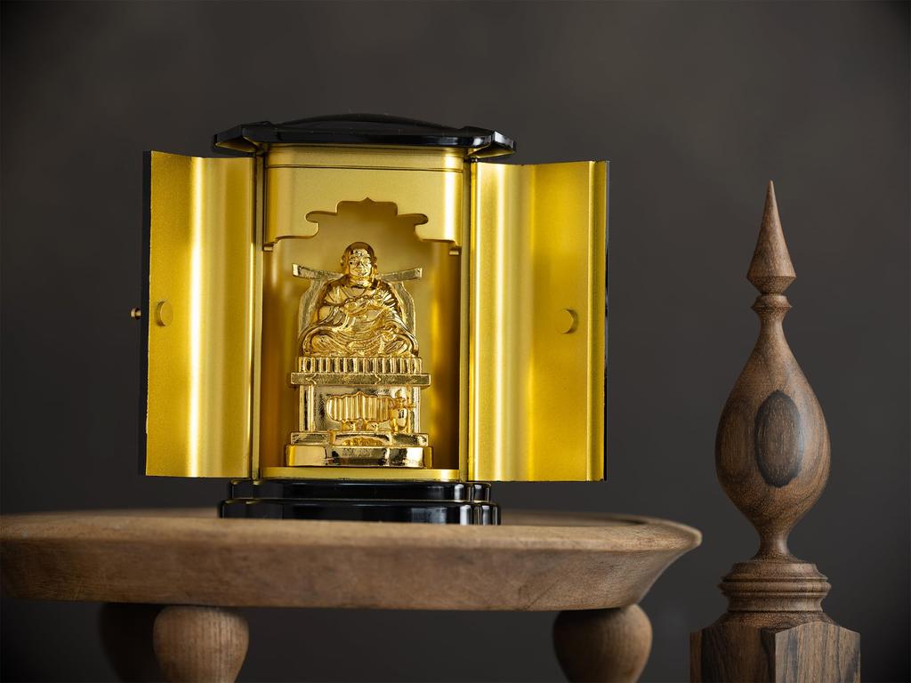Buddhist Statue of Kobo Daishi (pure Gold Plated) In a PC Cabinet - "Shingon Sect" - Kukai, Takaoka Bronzeware (Kobo Daishi PCZ)