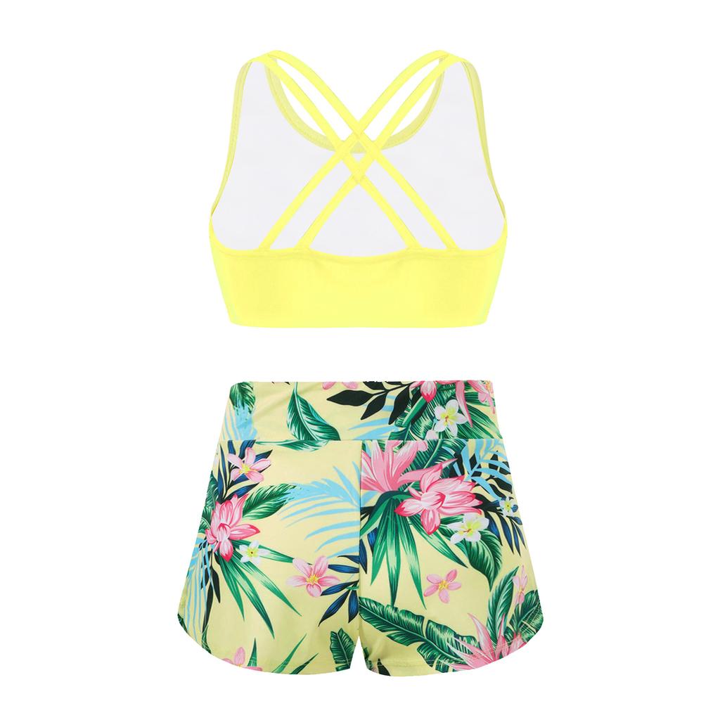 Girls 2 Piece Sport Set U Neck Spaghetti Straps Cropped Top Criss Cross Back Pink Lily Print Shorts Gym Yoga Outfit
