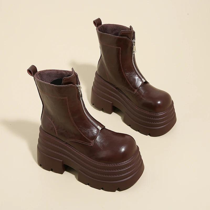 Женские зимние ботильоны 10 см, мотоциклетные ботинки на толстом каблуке, платформа, кожаные кроссовки, женские массивные короткие ботинки-комбаты на молнии