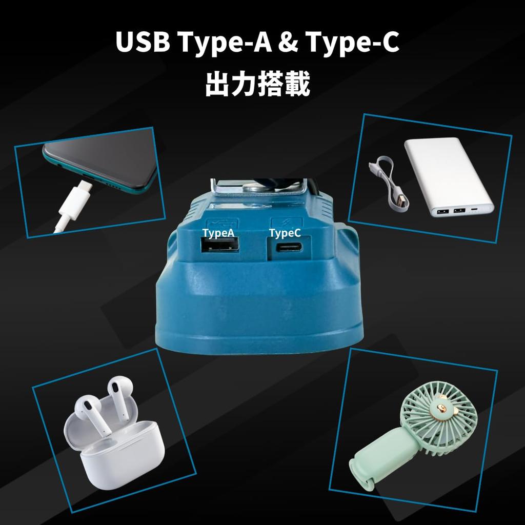 Сверхширокий светодиодный прожектор, двойной USB Type-A и Type-C выход, Рабочий свет, Рыболовный свет, Совместим с 14,4 В и 18 В, Светодиодный рабочий свет для DIY, KAB-MARRON