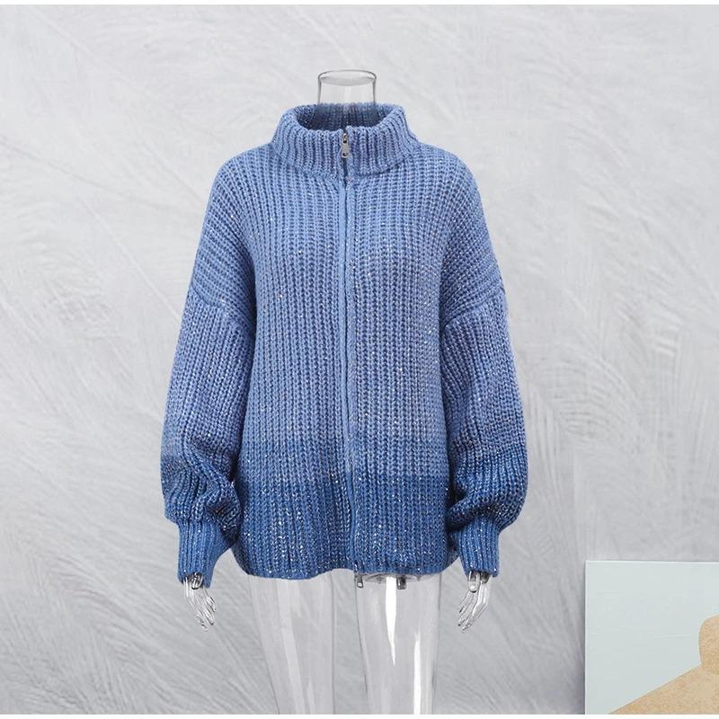 Модный кардиган с блестками и люрексом, сверкающий вязаный женский кардиган с рукавами-фонариками, повседневный свободный свитер с v-образным вырезом на молнии, женская элегантная куртка HighStreet, шикарная уличная одежда