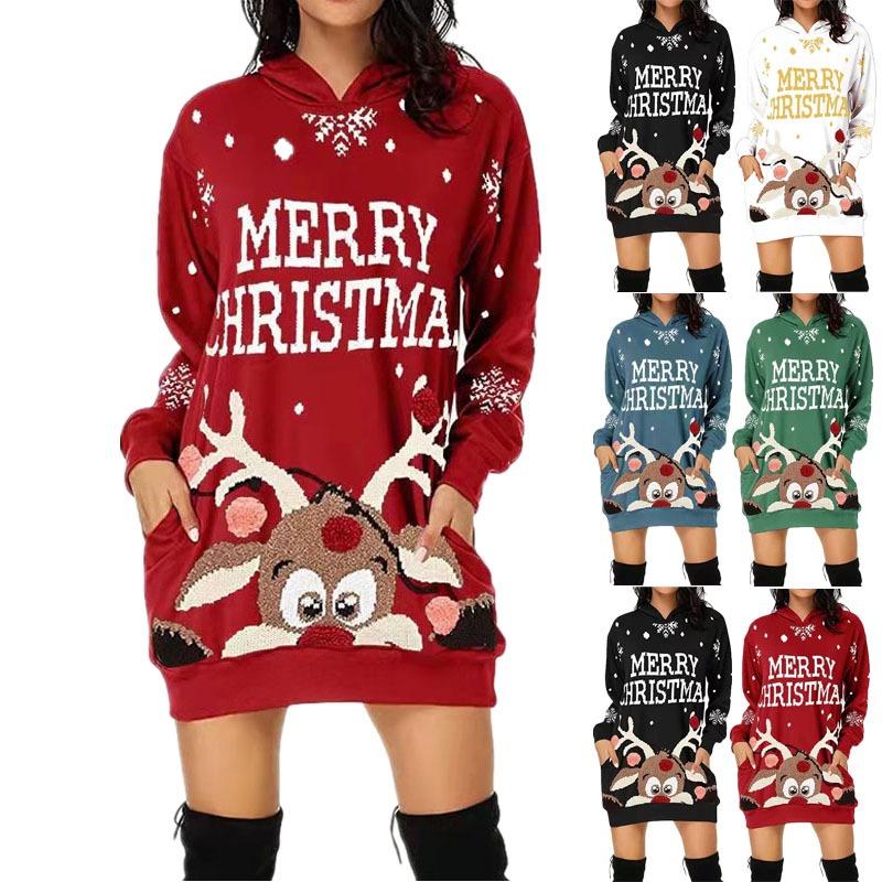 Ladies' Casual Christmas Printed Long Sleeved Pocket Hooded Sweatshirt Dress