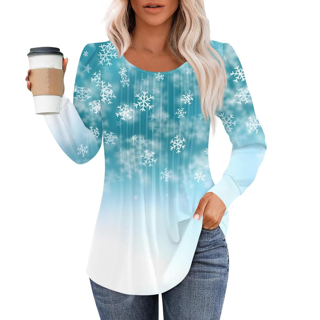 Рубашки с длинным рукавом для женщин, топы, нарядные повседневные блузки с рождественским принтом, плиссированные туники с круглым вырезом