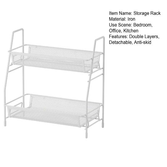 Double Layer Storage Rack with Side Storage Basket Hollow Mesh Iron Detachable Stable Anti-skid