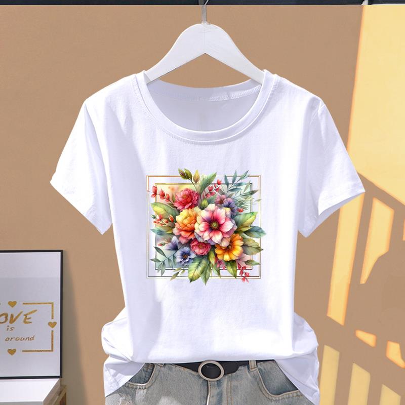 (Asian Size) Graphic Tee Casual T Clothing Sweet Flower Floral Trend Cute Print Female Casual Women's Top Fashion Short Sleeve T-shirt