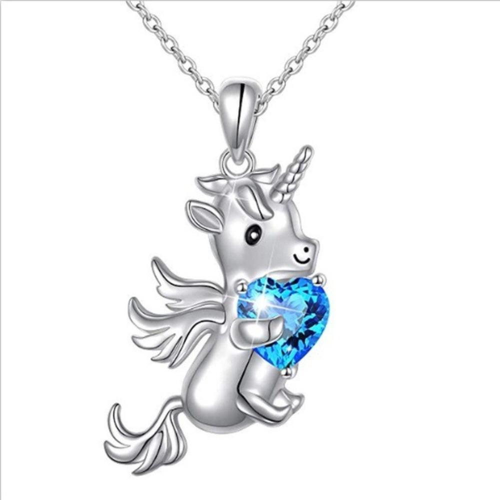 Fashion Two Tone Plated Unicorn Pendant Necklace with Heart and Rhinestones for Women