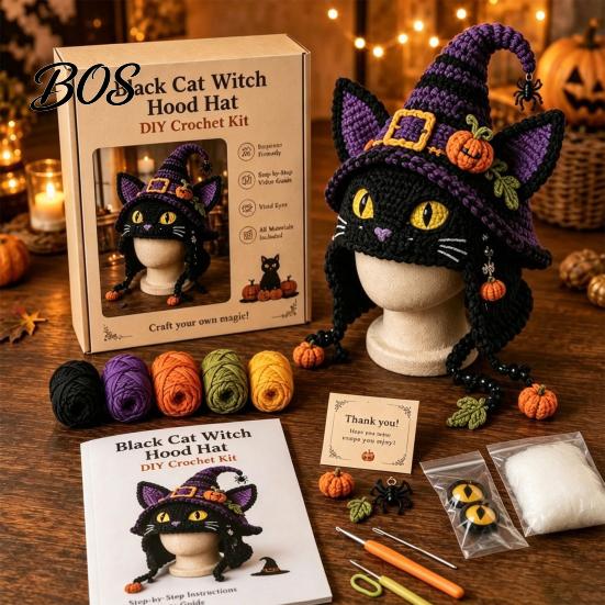 Parent Child Art Project Highland Cow Hat Crochet Kit, Halloween Pumpkin Spider Hood DIY Kit Handmade Craft for Adults Teens Theme