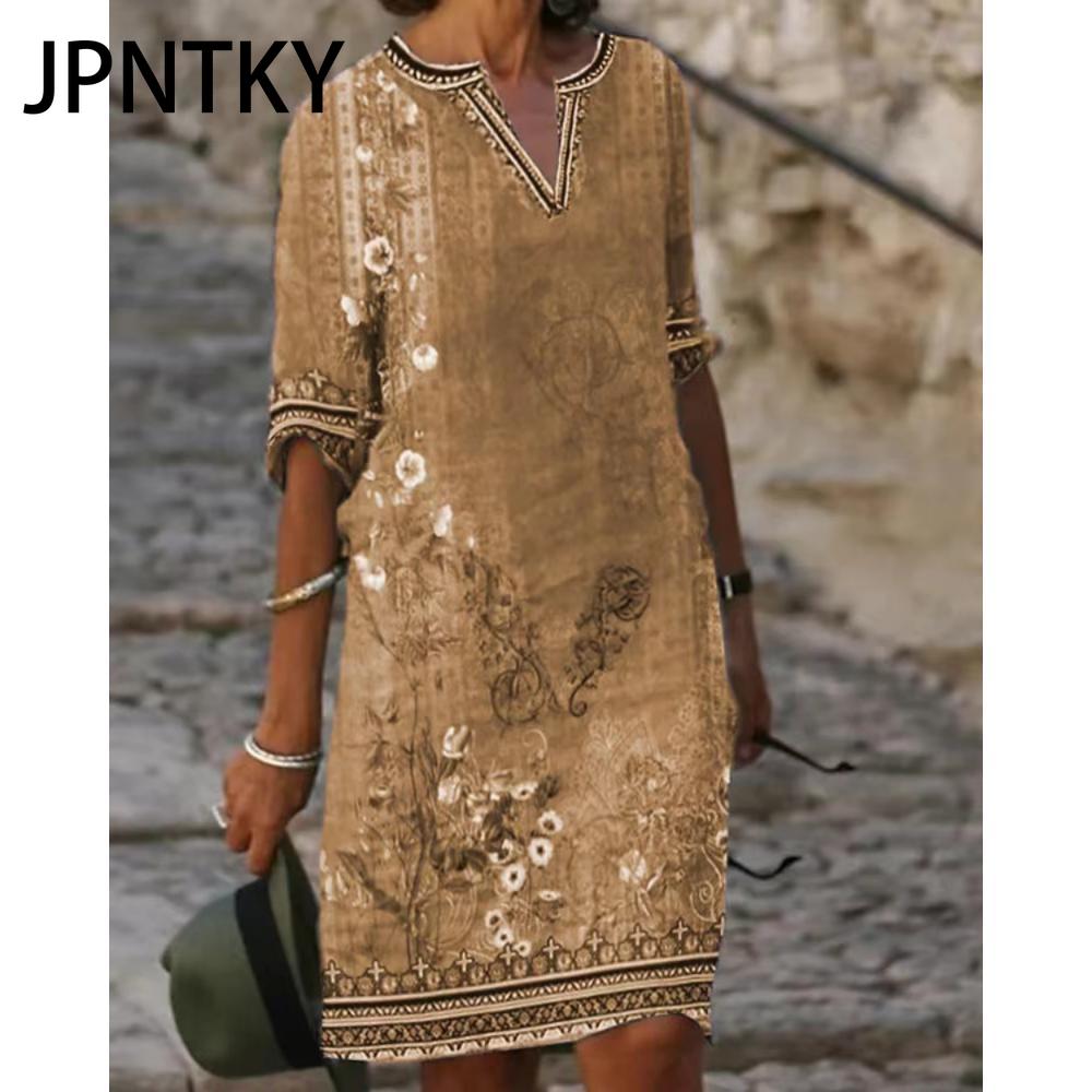 JPNTKY Women Sexy V Neck T-Shirt Dress Summer Women Short Sleeve Top Women Slim Midi Dress Beach Skirt Print Dress Casual Dress