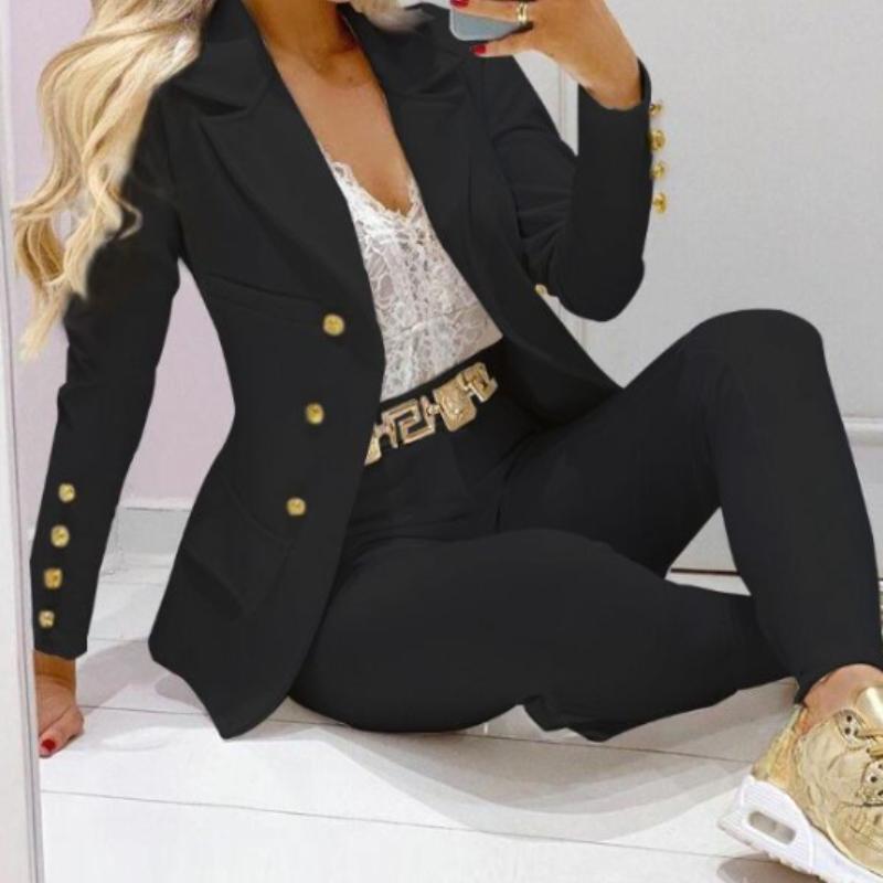 Деловой повседневный комплект из двух предметов, двубортный пиджак с лацканами и узкие брюки, женская одежда