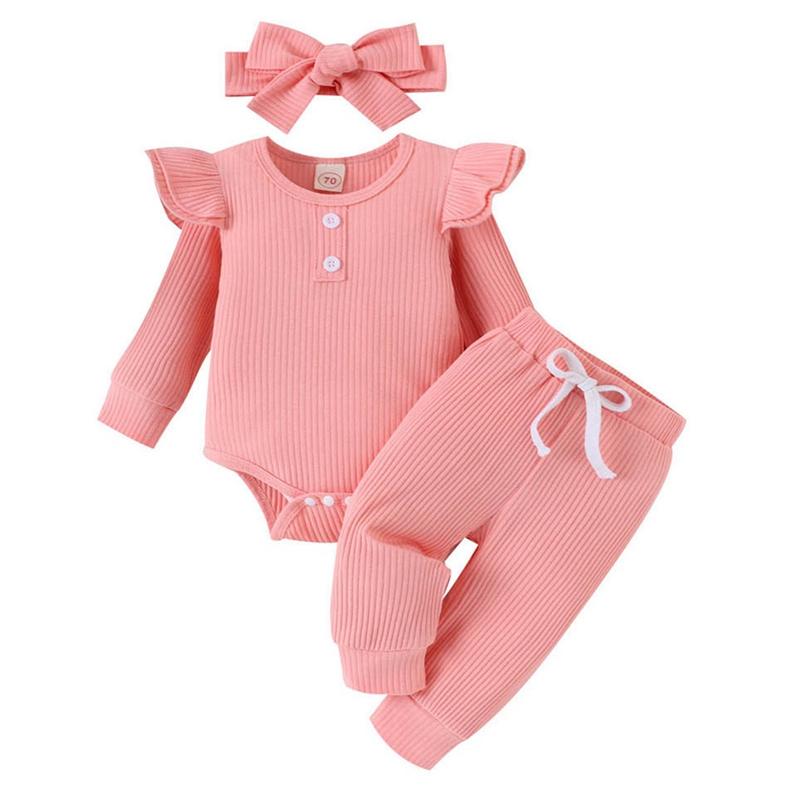 Baby Girl Long Sleeved Romper and Trousers with Headband Three-piece Set Solid Color Children's Clothing Set