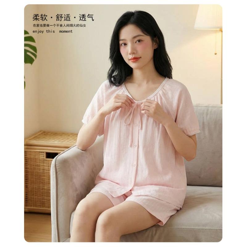 Women Pure Cotton Solid Lace Short Sleeve Shorts Pajama Casual Loungewear Set