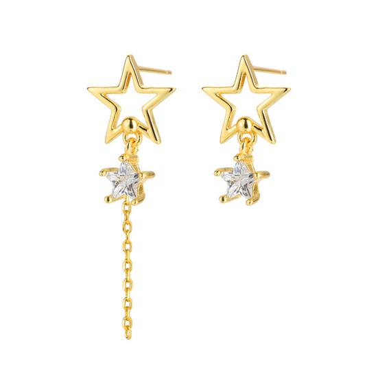 1 пара сережек-пусетов с полой цепочкой-звездочкой, кисточкой, неправильной формы, золотого/серебристого цвета, со встроенным кубическим цирконием