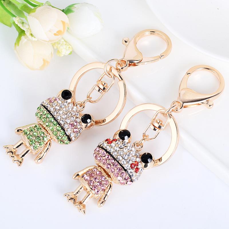 Cartoon Frog Key Chain Shy Prince and Princess Couple Key Ring Women's Bag Pendant Crystal Rhinestone Crafts